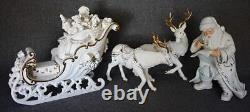Fabulous 2001 Grandeur Noel Collector's Ed Porcelain Santa Sleigh Reindeer Pair