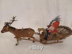 GERMAN REINDEER CANDY CONTAINER SANTA & SLEIGH ANTIQUE CHRISTMAS