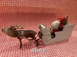 German Belsnickle Santa In Cardboard Sleigh Being Pulled by Reindeer Vintage