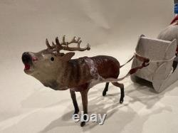 German Belsnickle Santa In Cardboard Sleigh Being Pulled by Reindeer Vintage