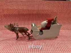 German Belsnickle Santa In Cardboard Sleigh Being Pulled by Reindeer Vintage