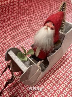 German Belsnickle Santa In Cardboard Sleigh Being Pulled by Reindeer Vintage