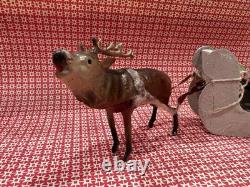 German Belsnickle Santa In Cardboard Sleigh Being Pulled by Reindeer Vintage