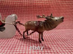 German Belsnickle Santa In Cardboard Sleigh Being Pulled by Reindeer Vintage