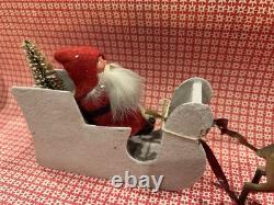 German Belsnickle Santa In Cardboard Sleigh Being Pulled by Reindeer Vintage