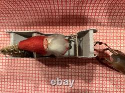 German Belsnickle Santa In Cardboard Sleigh Being Pulled by Reindeer Vintage