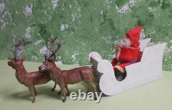 German Santa Candy Container in Sleigh with 2 Reindeer Germany, Felt, Fur