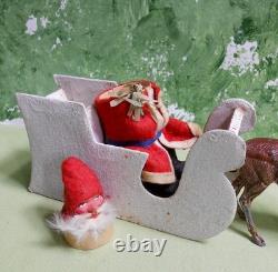 German Santa Candy Container in Sleigh with 2 Reindeer Germany, Felt, Fur
