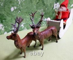 German Santa Candy Container in Sleigh with 2 Reindeer Germany, Felt, Fur