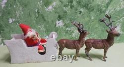 German Santa Candy Container in Sleigh with 2 Reindeer Germany, Felt, Fur