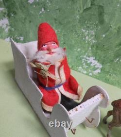 German Santa Candy Container in Sleigh with 2 Reindeer Germany, Felt, Fur