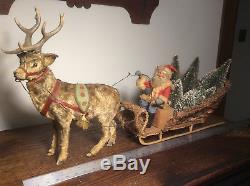German, seated Santa / Sleigh /real fur Reindeer, late 19th century, VERY RARE