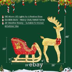 Giant 4FT Santa Sleigh Reindeer Set Pre-Lit 180 LED Lights Outdoor Yard Decor