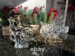 Gorham Crystal 2 Reindeer & Sleigh Gold Candleholder Christmas Centerpiece Candy