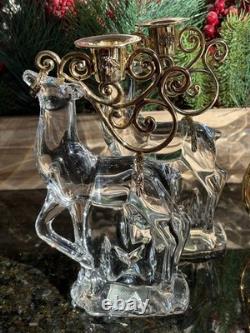 Gorham Crystal 2 Reindeer & Sleigh Gold Candleholder Christmas Centerpiece Candy