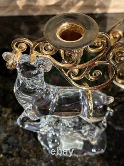 Gorham Crystal 2 Reindeer & Sleigh Gold Candleholder Christmas Centerpiece Candy