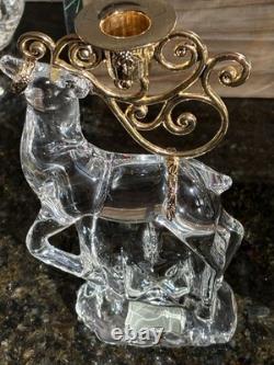 Gorham Crystal 2 Reindeer & Sleigh Gold Candleholder Christmas Centerpiece Candy