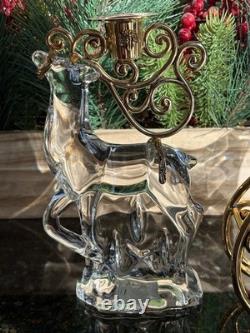 Gorham Crystal 2 Reindeer & Sleigh Gold Candleholder Christmas Centerpiece Candy