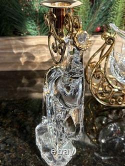 Gorham Crystal 2 Reindeer & Sleigh Gold Candleholder Christmas Centerpiece Candy
