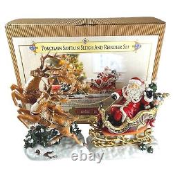 Grandeur Noel 2003 Santa in Sleigh and Reindeer Set 2 Piece Porcelain with Box