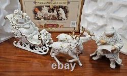 Grandeur Noel Mint Porcelain Santa & Sleigh Set Reindeer 2001 Collectors Edition