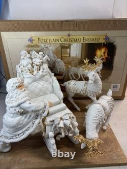Grandeur Noel Porcelain Christmas Ensemble 2000 Edition Santa Reindeer Sleigh