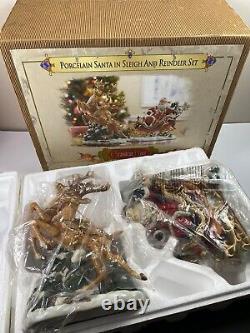 Grandeur Noel Porcelain Santa In Sleigh & Reindeer Set Collector's Edition 2003