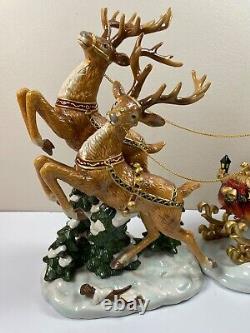 Grandeur Noel Porcelain Santa In Sleigh & Reindeer Set Collector's Edition 2003