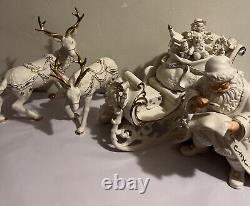 Grandeur Noel Porcelain Santa & Sleigh Set with 2 Reindeer 2001 Collectors Edition