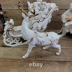 Grandeur Noel Porcelain Santa and Sleigh Set Box Reindeer 2001 Collectors READ