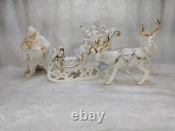Grandeur Noel Porcelain Santa and Sleigh Set with Reindeer 2001 Pristine