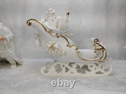 Grandeur Noel Porcelain Santa and Sleigh Set with Reindeer 2001 Pristine
