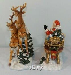 Grandeur Noel Porcelain Santa in Sleigh & Reindeer Set 2003 Edition 11-14 1/8