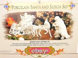 Grandeur Noel Santa & Sleigh Set Reindeer White Porcelain 2001 Collectors Ed/box