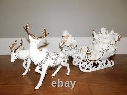 Grandeur Noel Santa & Sleigh Set Reindeer White Porcelain 2001 Collectors Ed/box