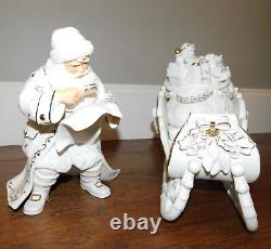 Grandeur Noel Santa & Sleigh Set Reindeer White Porcelain 2001 Collectors Ed/box