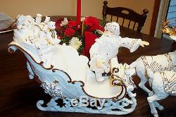 Grandeur Noel White & Gold Porcelain Santa Sleigh 2 Reindeer Large Figurines