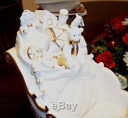 Grandeur Noel White & Gold Porcelain Santa Sleigh 2 Reindeer Large Figurines