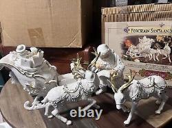 Grandeur Porcelain Santa and Sleigh Set with Reindeer 2001 Collectors Edition EUC