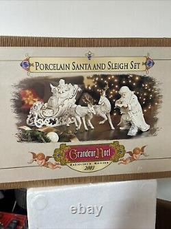 Grandeur Porcelain Santa and Sleigh Set with Reindeer 2001 Collectors Edition NEW