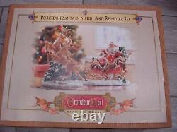 Grandeur Porcelain Santa in Sleigh and Reindeer Set 2003 Collectors Edition NEW