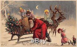 HOLD TO LIGHT MAILICK SANTA CHRISTMAS PC, SLEIGH, REINDEER ANGELS TOYS c 1907-14