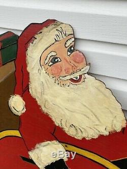 HUGE VTG 4-PC Mid-Century Outdoor 2-Sided Plywood Yard Santa, Sleigh & Reindeer