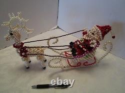 Handcrafted Christmas Sleigh Santa reindeer beaded pearls 16W Art display Art