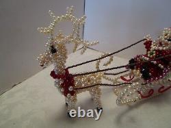 Handcrafted Christmas Sleigh Santa reindeer beaded pearls 16W Art display Art