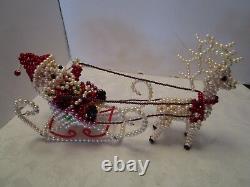 Handcrafted Christmas Sleigh Santa reindeer beaded pearls 16W Art display Art