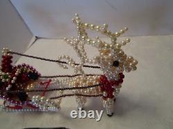 Handcrafted Christmas Sleigh Santa reindeer beaded pearls 16W Art display Art