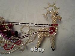 Handcrafted Christmas Sleigh Santa reindeer beaded pearls 16W Art display Art