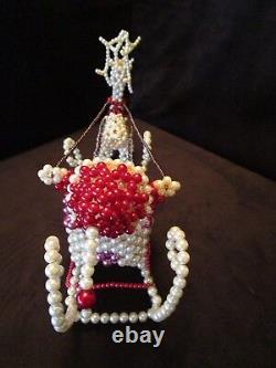 Handcrafted Christmas Sleigh Santa reindeer beaded pearls 16W Art display Art