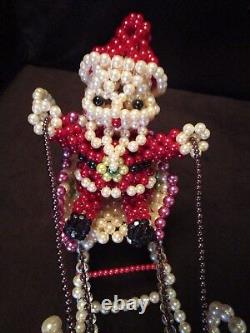 Handcrafted Christmas Sleigh Santa reindeer beaded pearls Art display 16 W Big